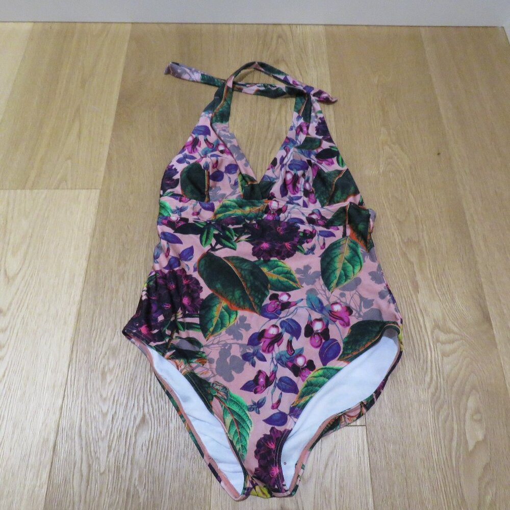 BETTY'S BEACH BUNGALOW Floral Halter Neck One Piece Swimsuit Size 10 Pink Purple - Picture 2 of 12